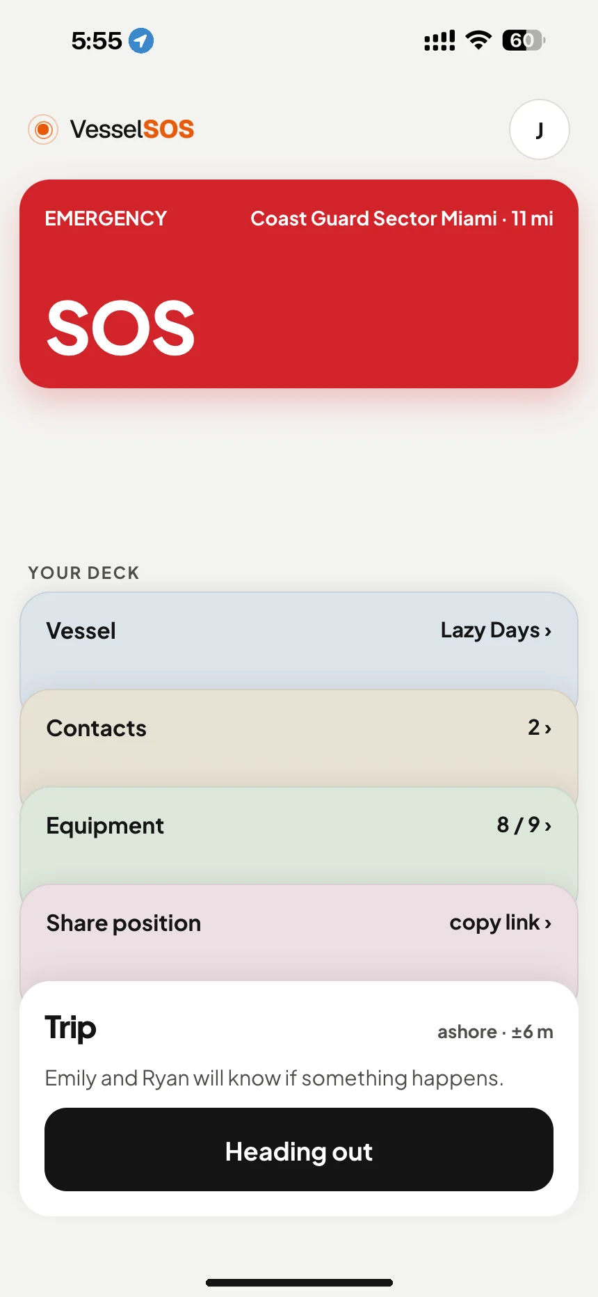 Boating safety app: SOS button, 911 and the Coast Guard sector for your position · VesselSOS